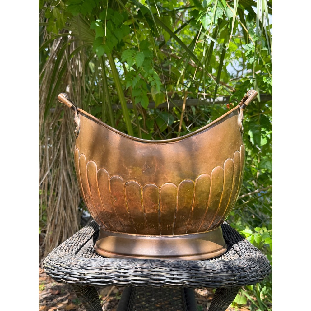 Antique Copper Coal Scuttle Log Bin Scalloped Hammered Fireplace Bucket Handles